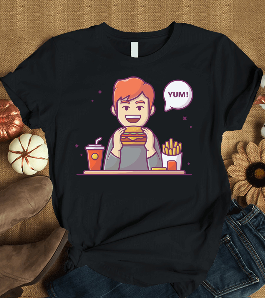 YUM Happy Man Enjoying Hamburger French Fries and Soda T-Shirt