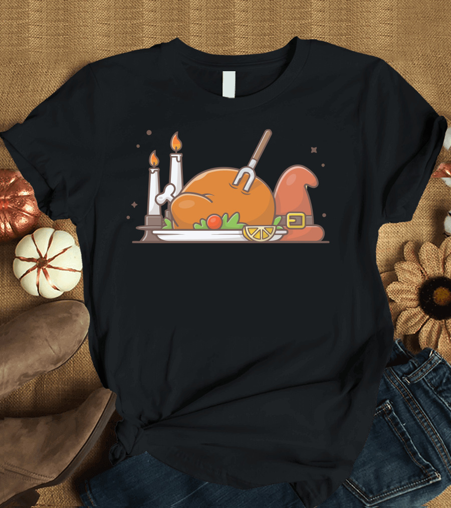Happy Thanks Giving Day Turkey Feast with Pumpkin Candle and Witch Hat T-Shirt