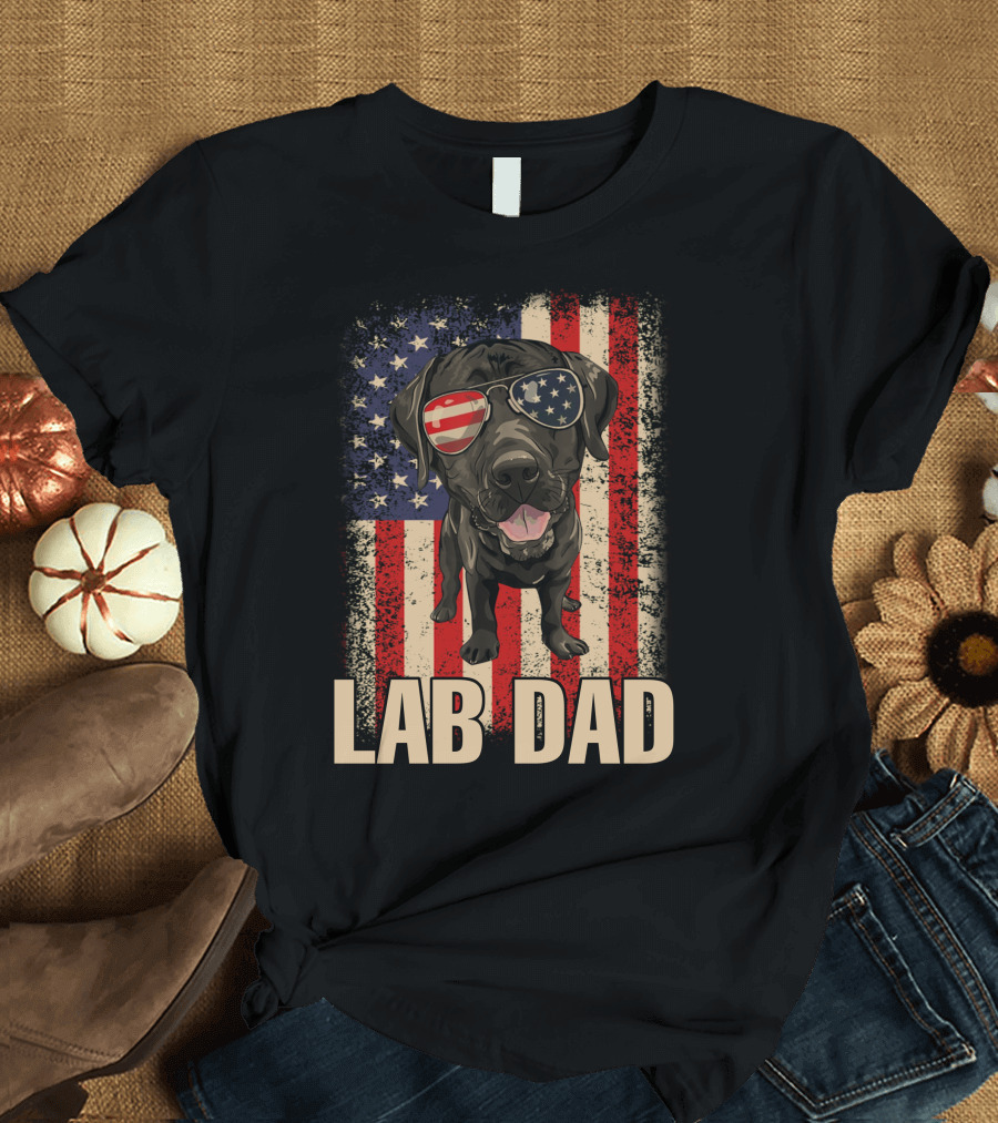 Lab Dad Labrador Retriever Dog American Flag Sunglasses Patriotic T-Shirt