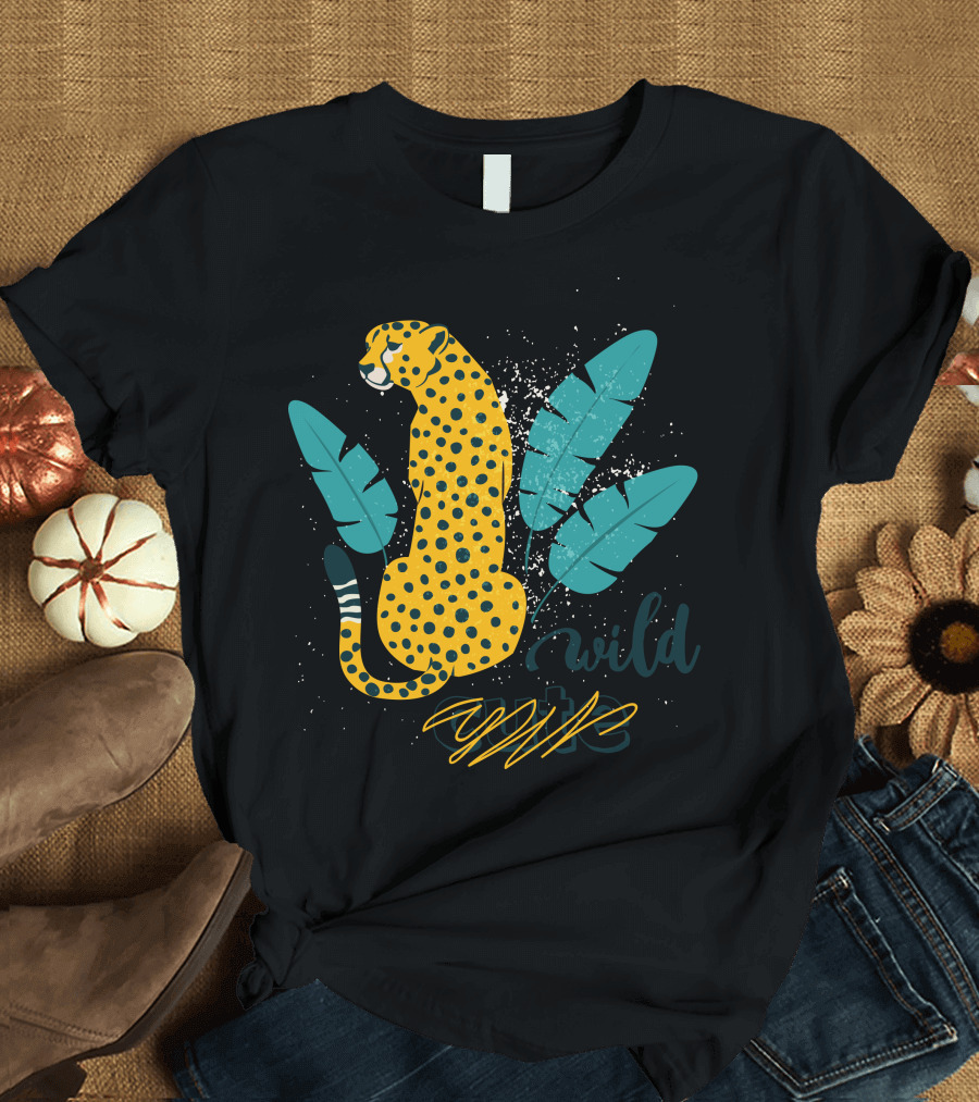 Wild Cheetah Tropical Leaves Speckled T-Shirt
