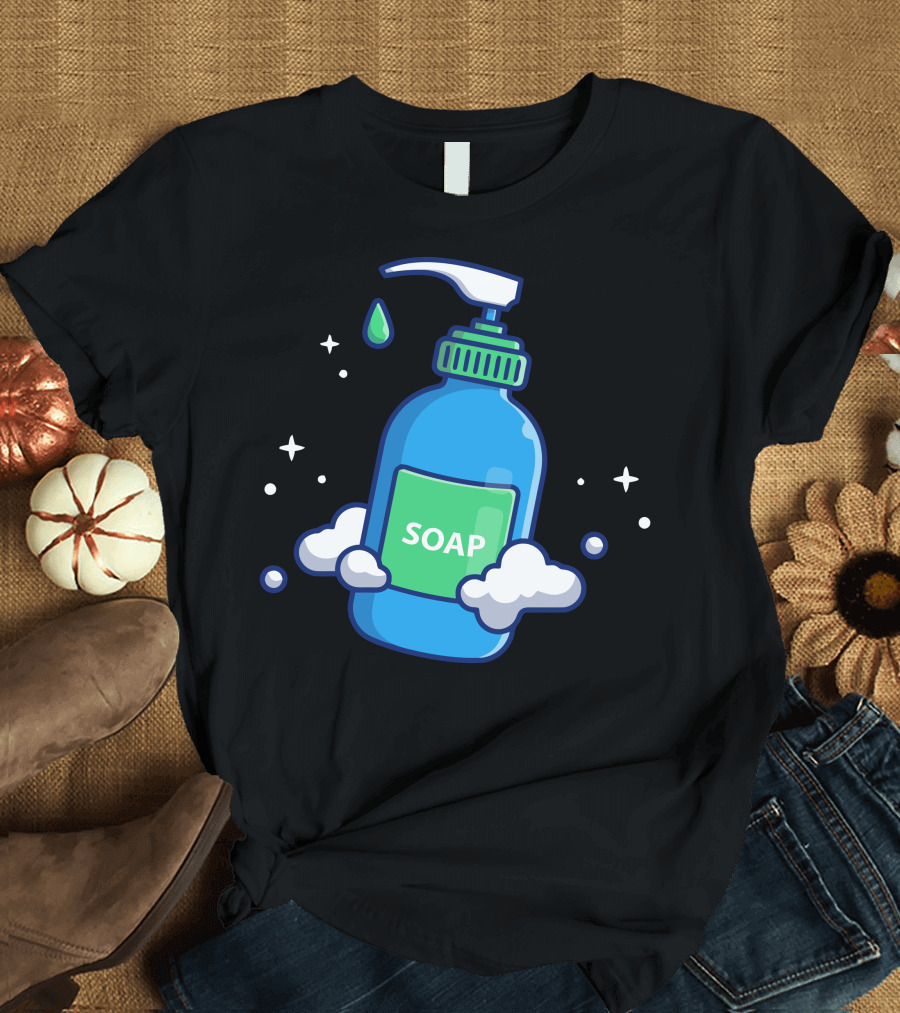 Liquid Soap Bottle with Bubbles and Droplets T-Shirt