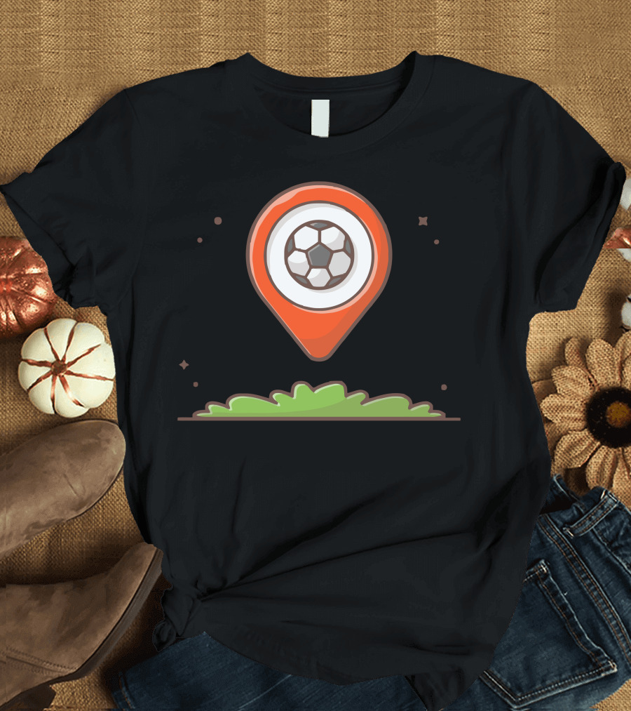Location Map Pin with Soccer Ball Icon on Grass Background T-Shirt
