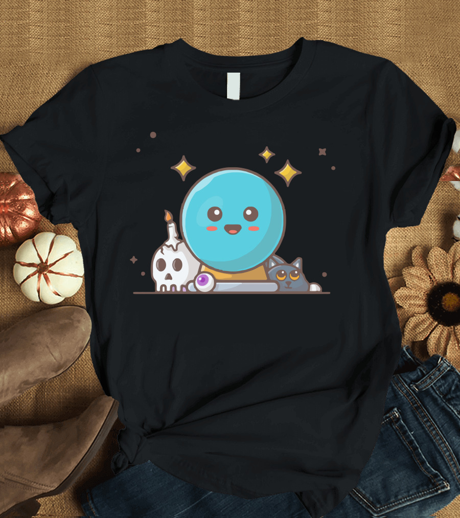 Magic Glass Ball with Skull Candle and Cute Cat T-Shirt