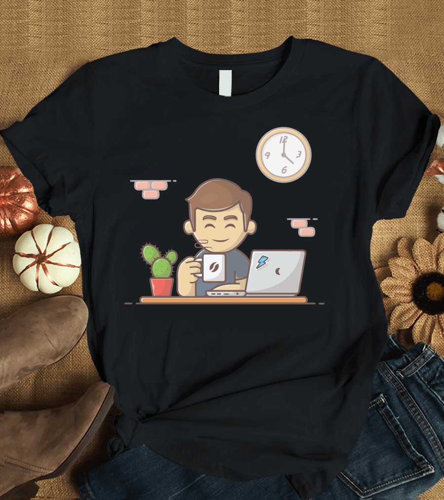 Man Drinking Coffee at Laptop with Cactus and Wall Clock T-Shirt