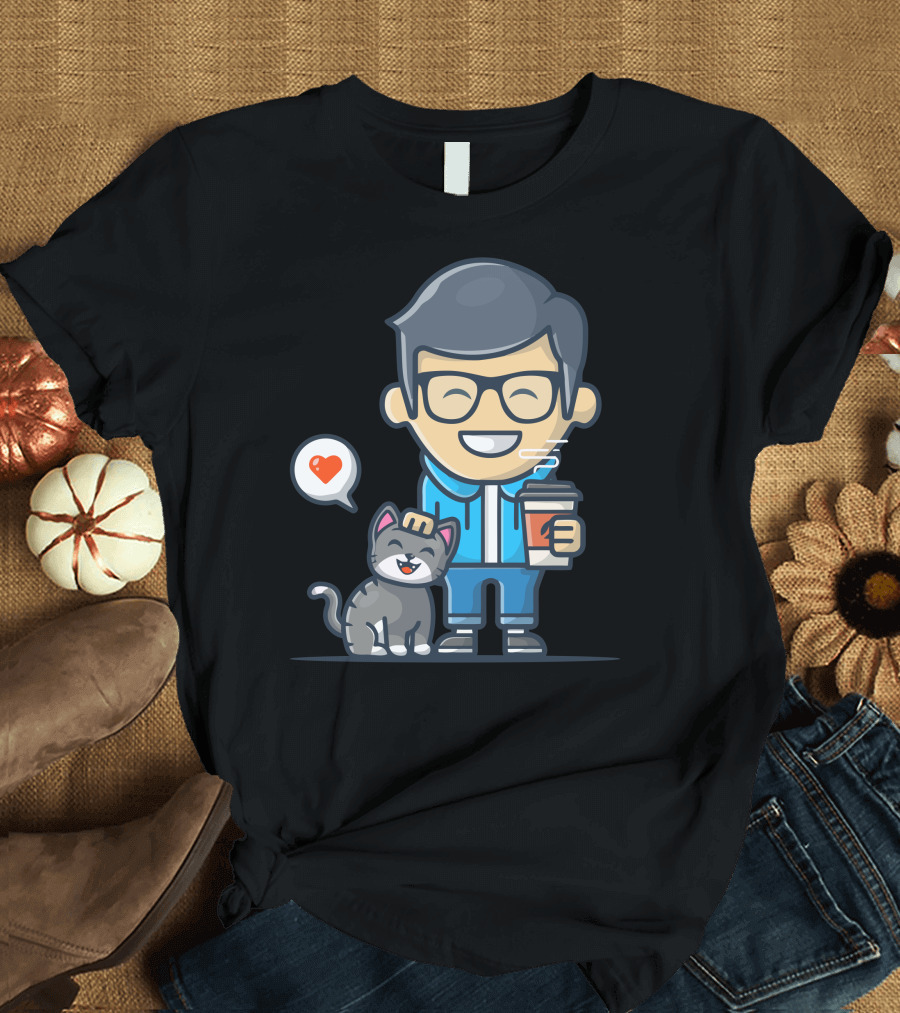 Man with Coffee and Happy Cat with Heart T-Shirt