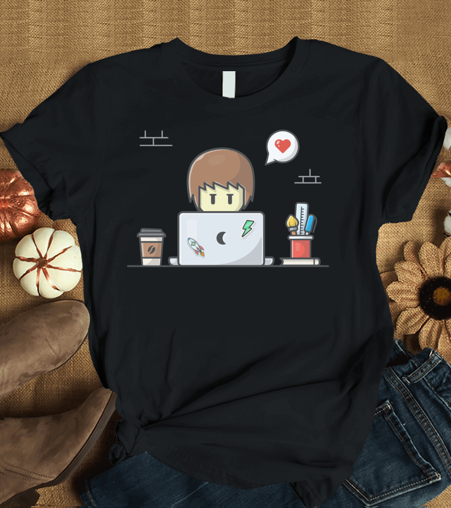 Man Working on Laptop with Coffee and Love Speech Bubble T-Shirt