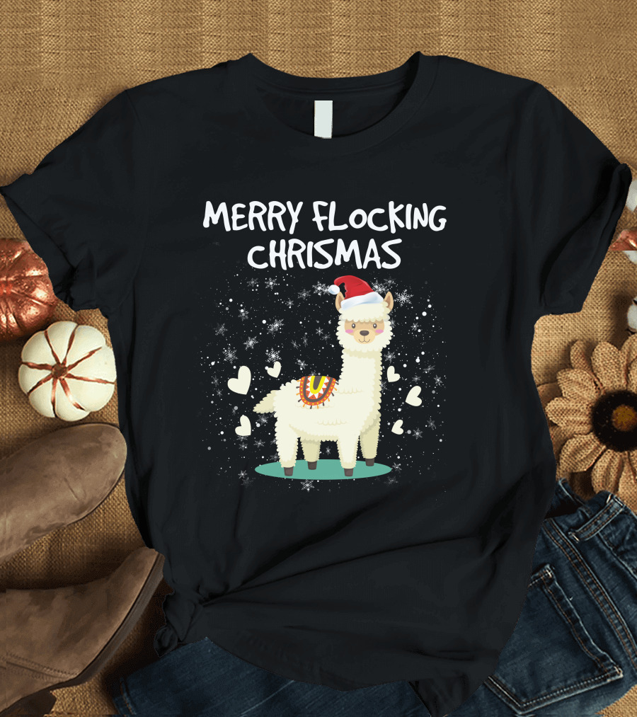 Merry Flocking Christmas Llama Santa Hat Snowflakes Hearts T-Shirt