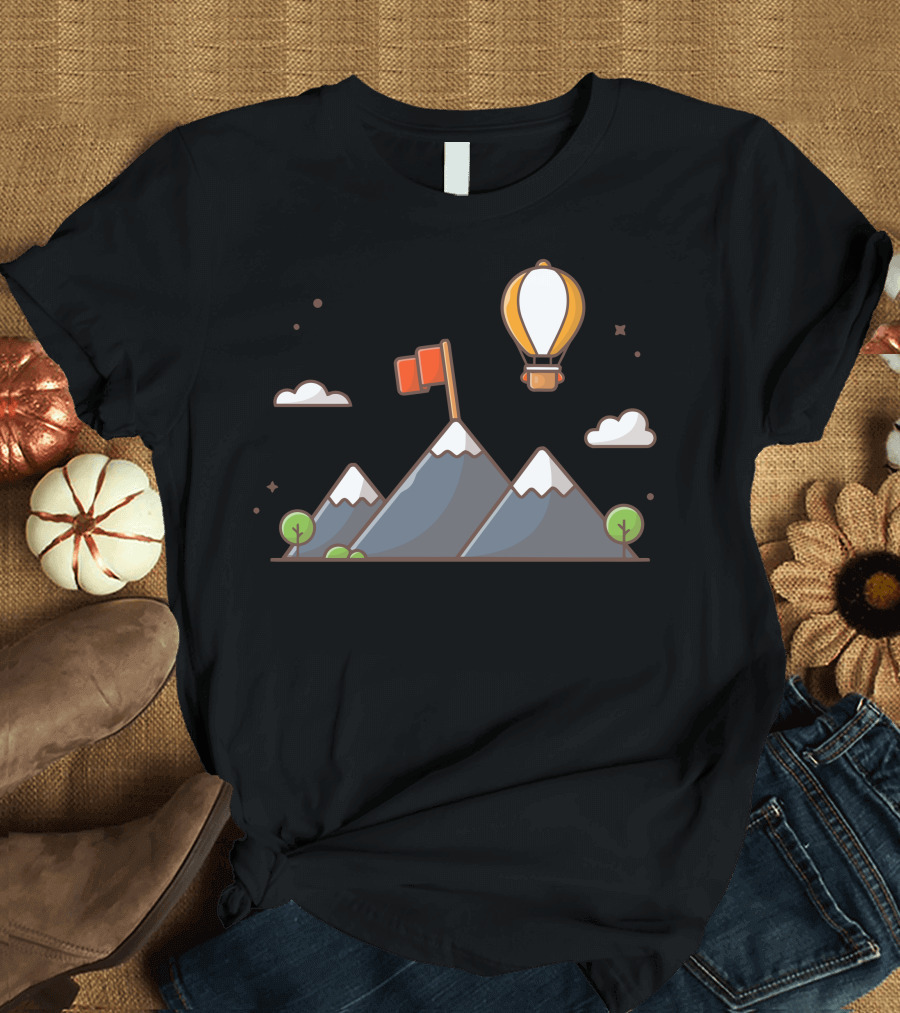 Mountain Landscape With Flag and Hot Air Balloon Scene T-Shirt