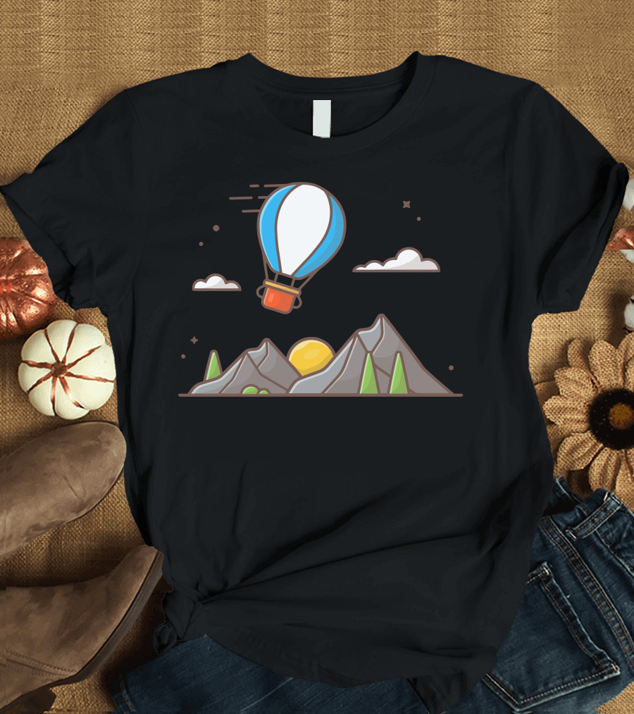 Hot Air Balloon Over Sunset Mountain Landscape T-Shirt