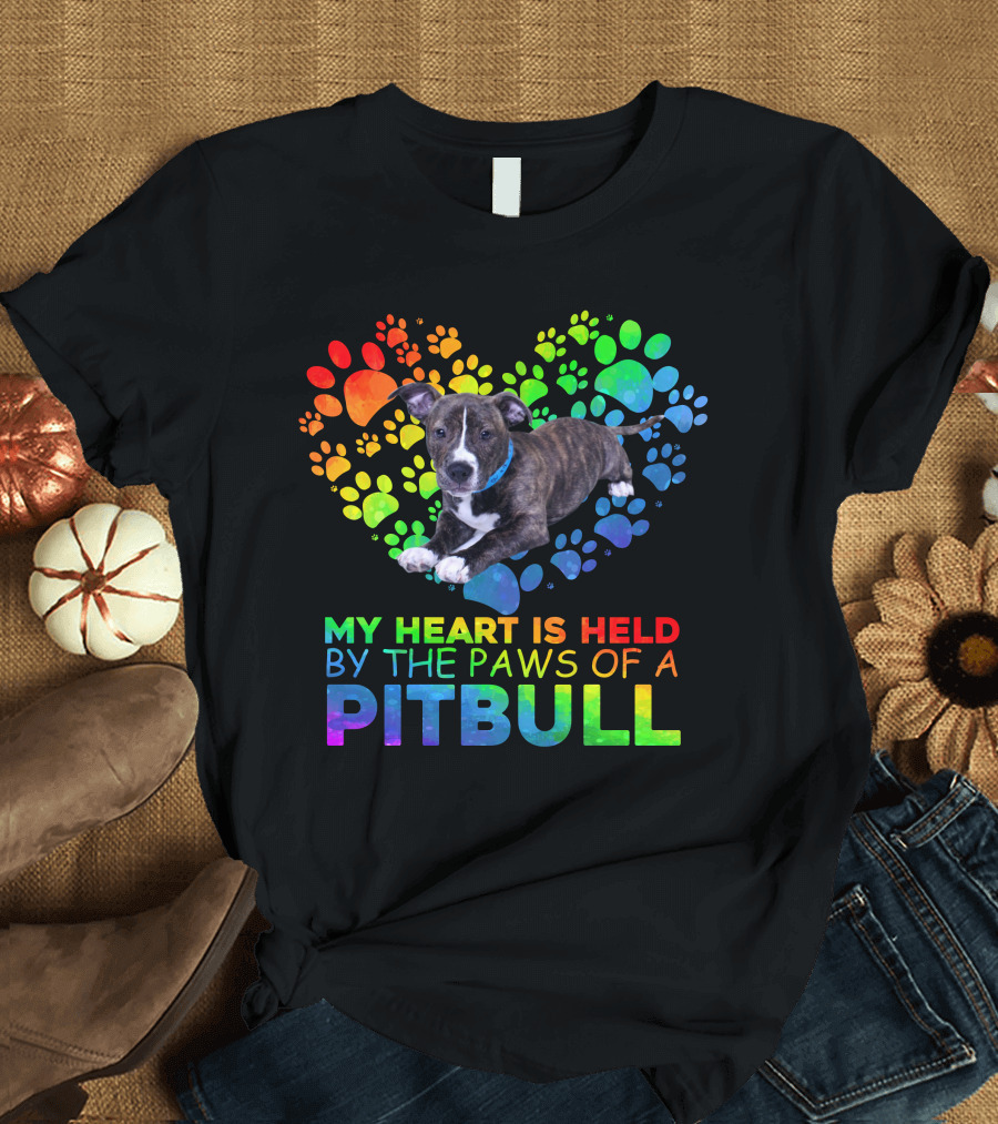 My Heart Is Held By The Paws Of A Pitbull Rainbow Paw Prints T-Shirt