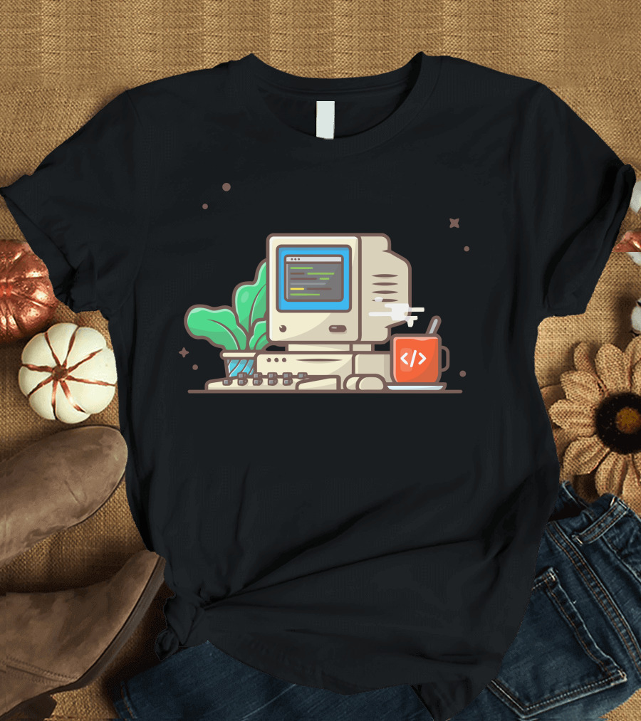 Vintage Computer Desktop with Coding Screen, Hot Coffee, and Green Plant T-Shirt