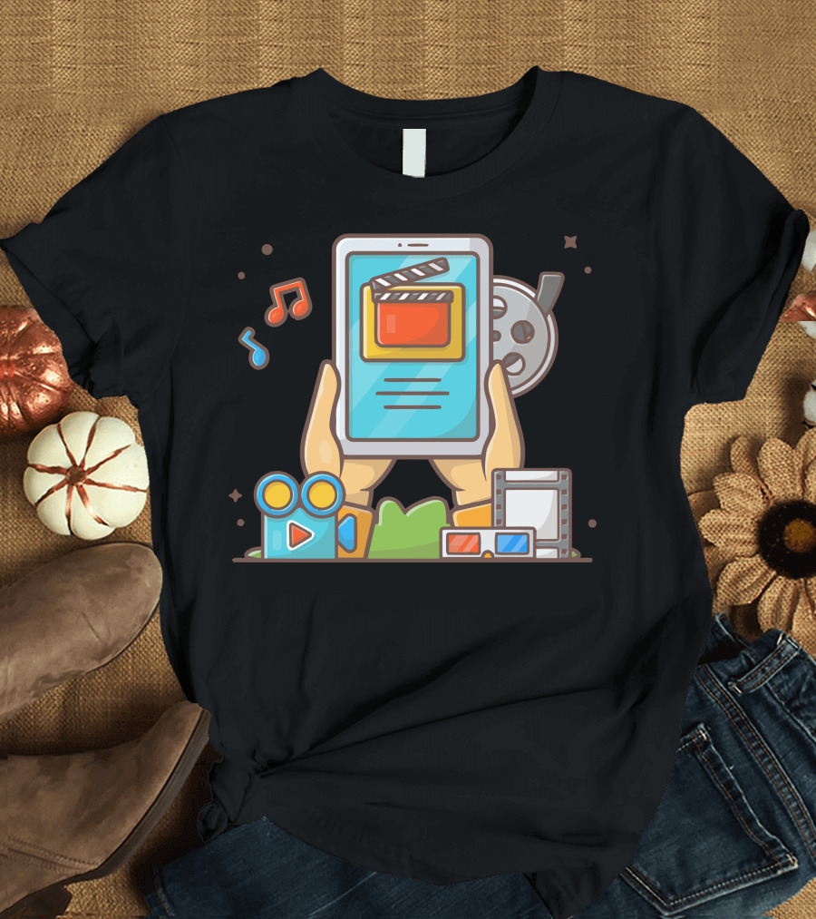 Online Movie Streaming Iconography Featuring Tablet and Film Elements T-Shirt