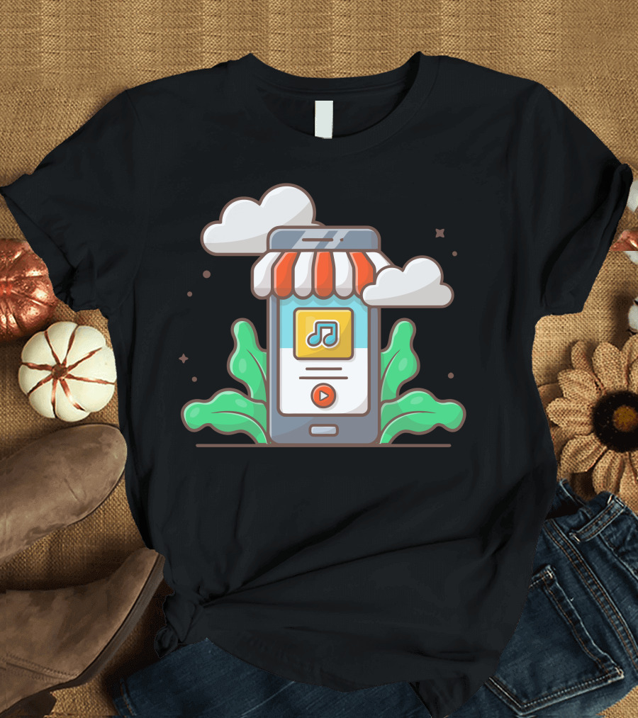Online Music Store Mobile Music Shop With Note and Clouds T-Shirt