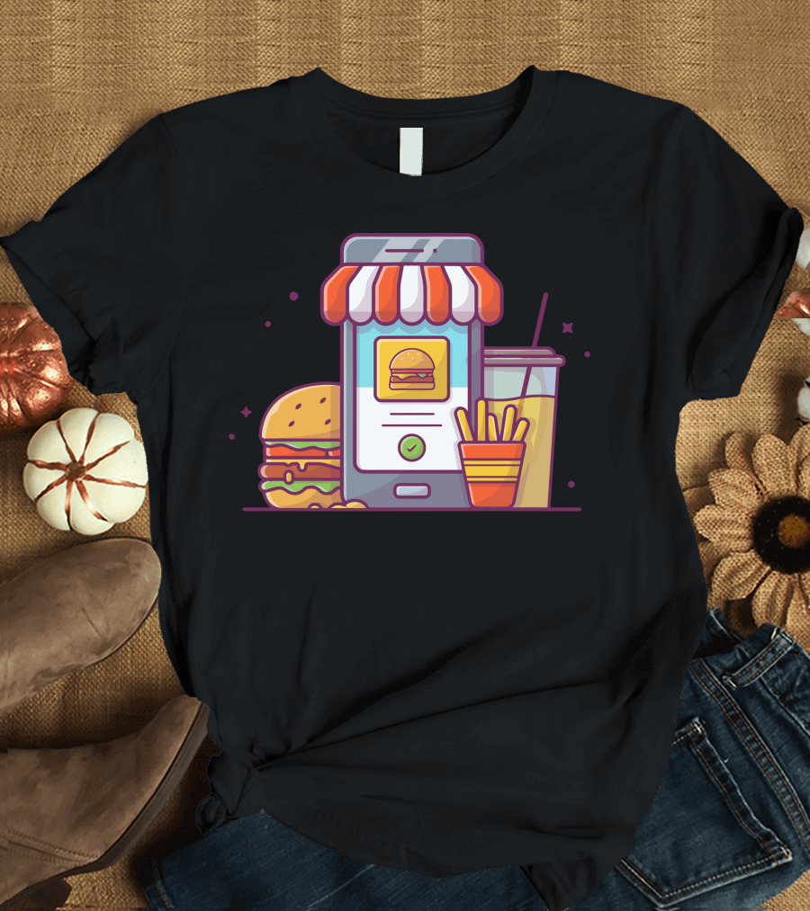 Order Fast Food Online With Burger Fries Drink Illustrative T-Shirt