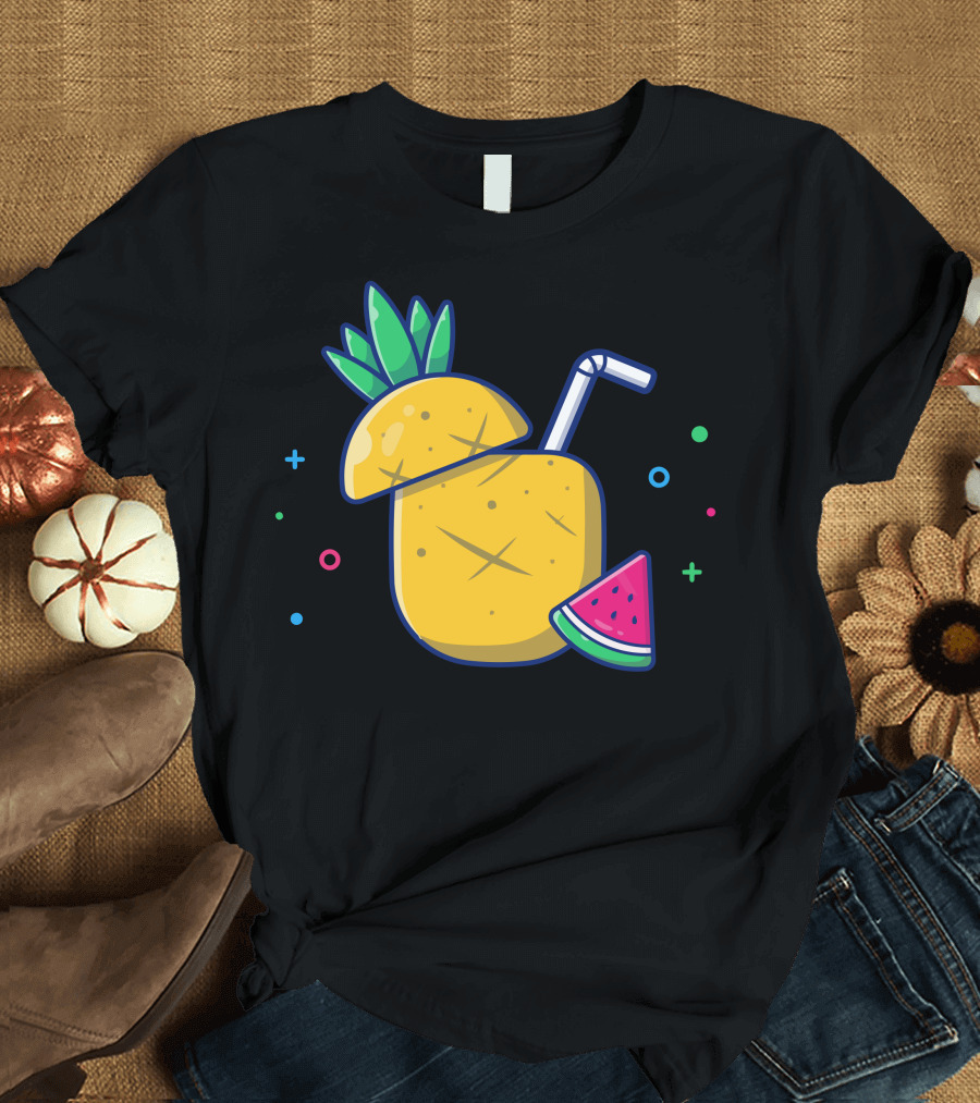 Pineapple Watermelon Tropical Drink Combo with Straw and Colorful Elements T-Shirt