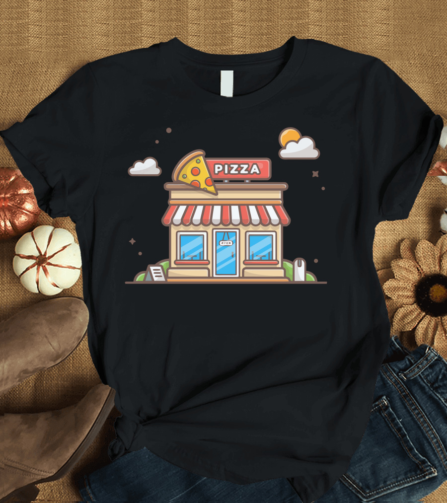 Pizza Shop Building with Slice and Clouds T-Shirt