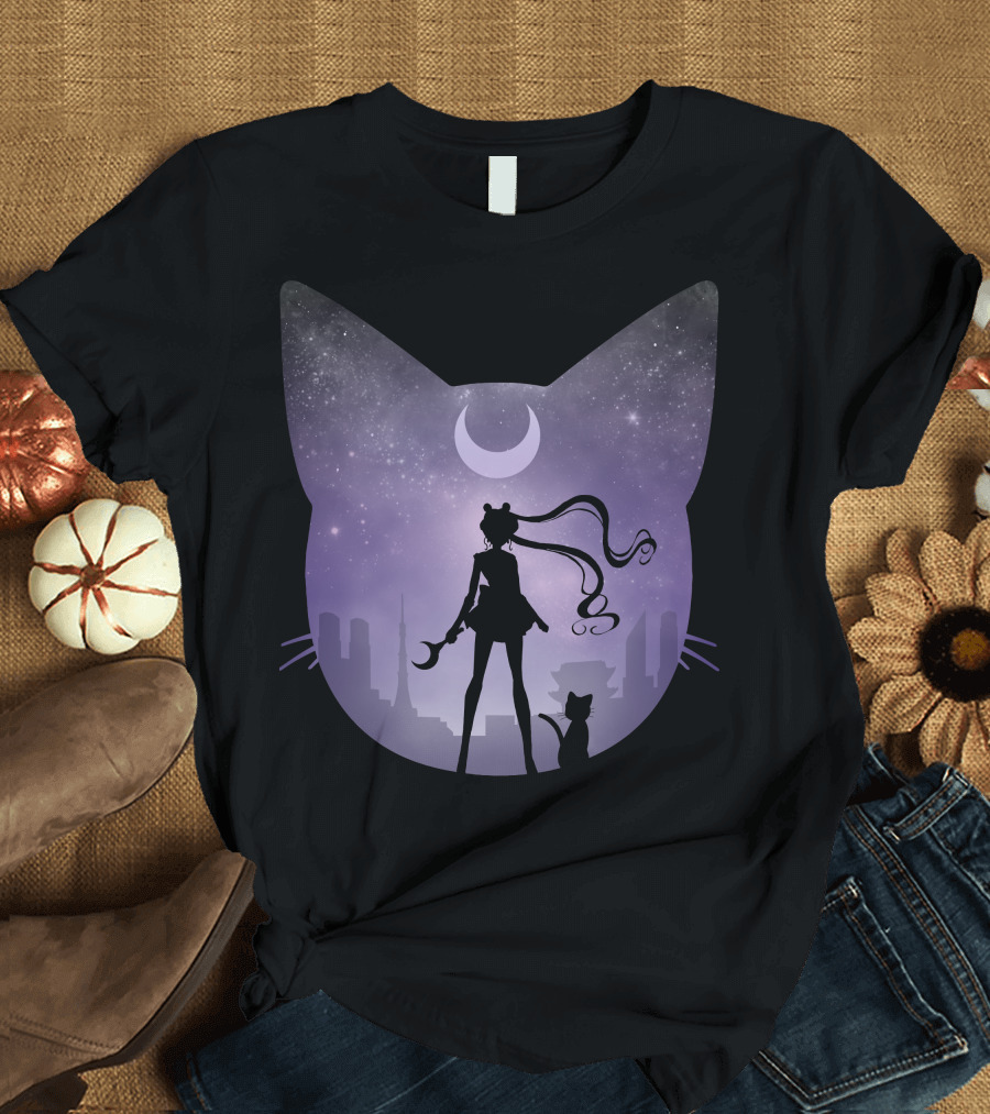 Pretty Guardian Cosmic Moon Night Silhouette with Cat and Crescent City T-Shirt