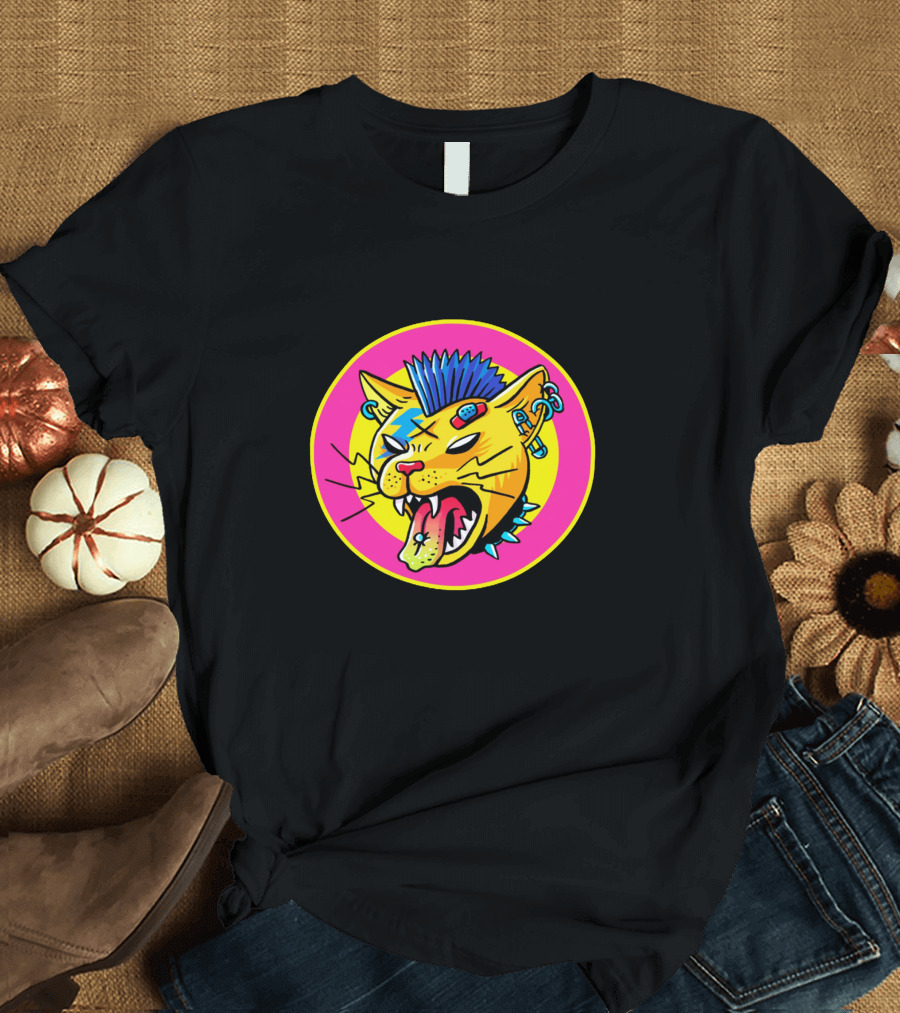 Punk Cat Mohawk with Piercings and Spiked Collar in Neon Circle T-Shirt