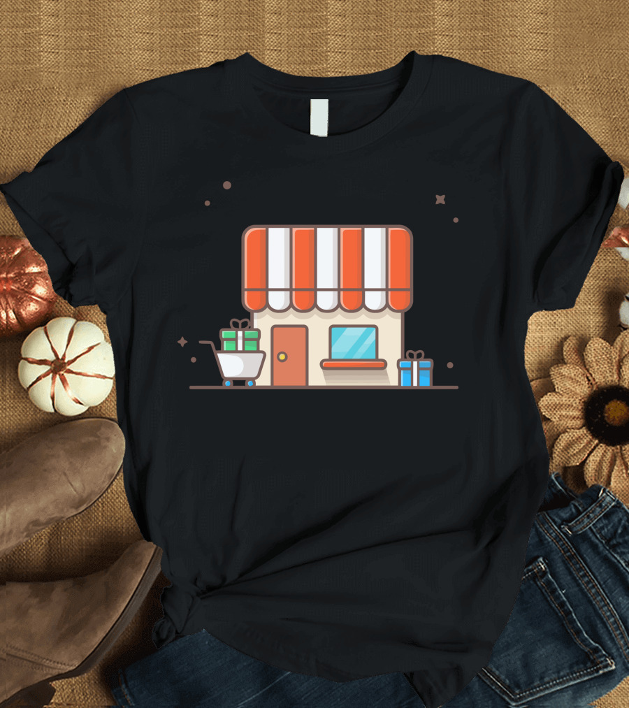 Shop Storefront with Shopping Cart and Gifts T-Shirt