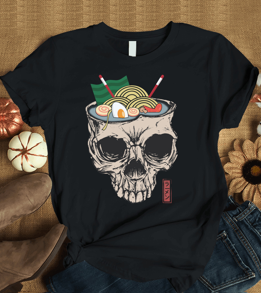 Skull Ramen Noodles Skeleton Bowl with Egg and Chopsticks T-Shirt