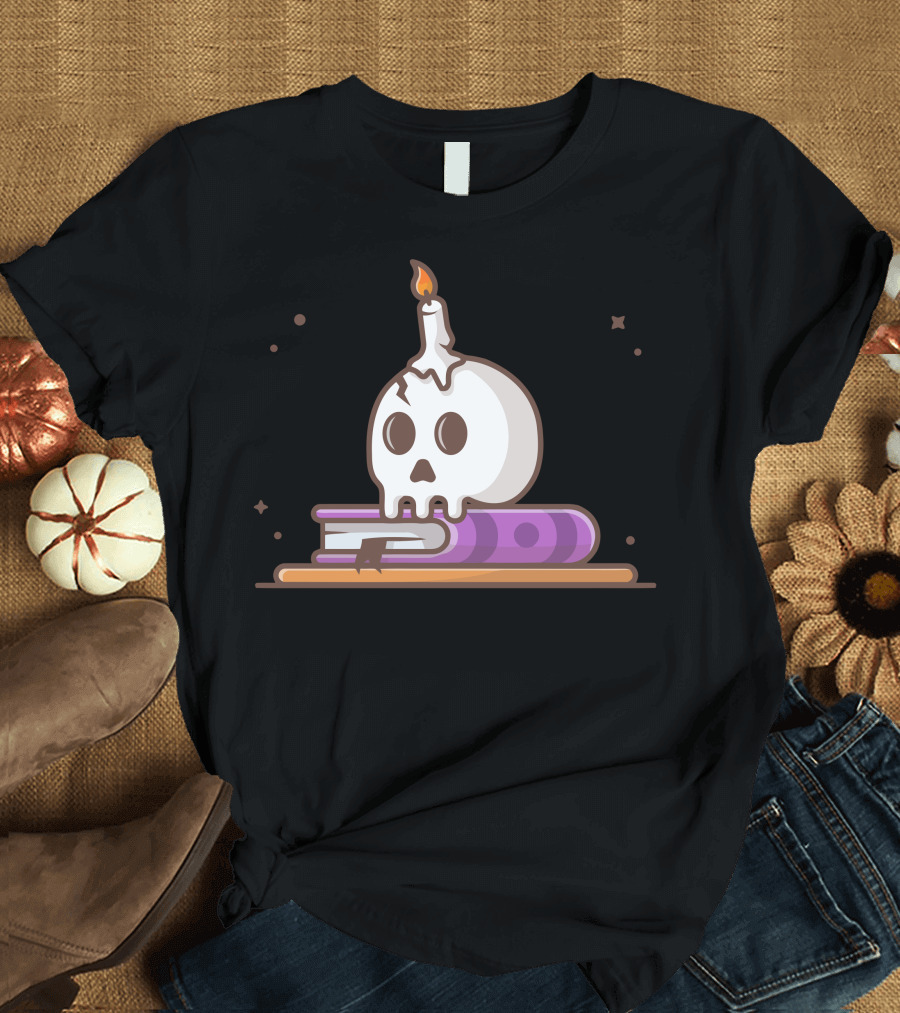Skull Candle Melting on Book with Purple Cover and Stars T-Shirt