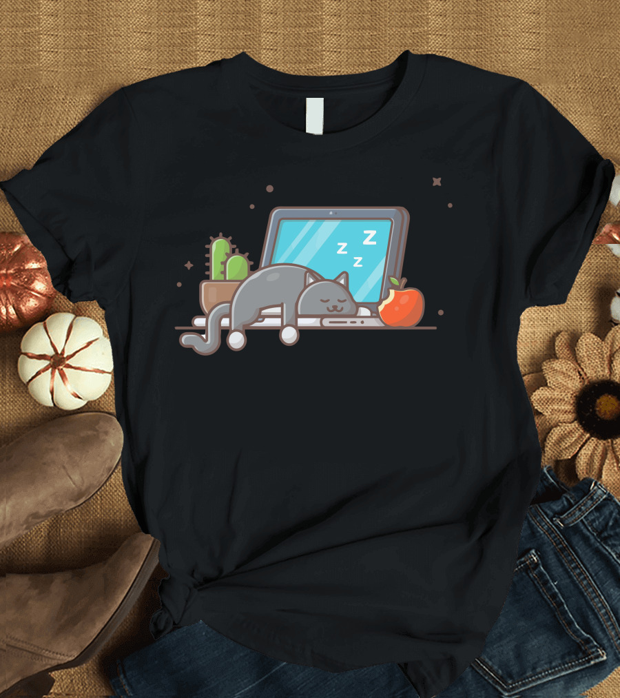 Sleeping Cat With Cactus On Laptop and Apple T-Shirt