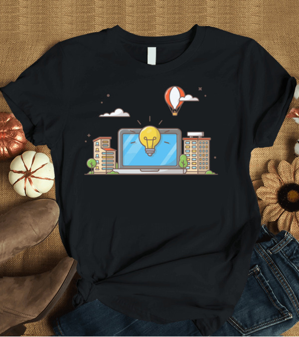 T-Shirt: Smart City Laptop Lightbulb Hot Air Balloon Scene T-Shirt Smart City Laptop Lightbulb Hot Air Balloon Scene T-Shirt