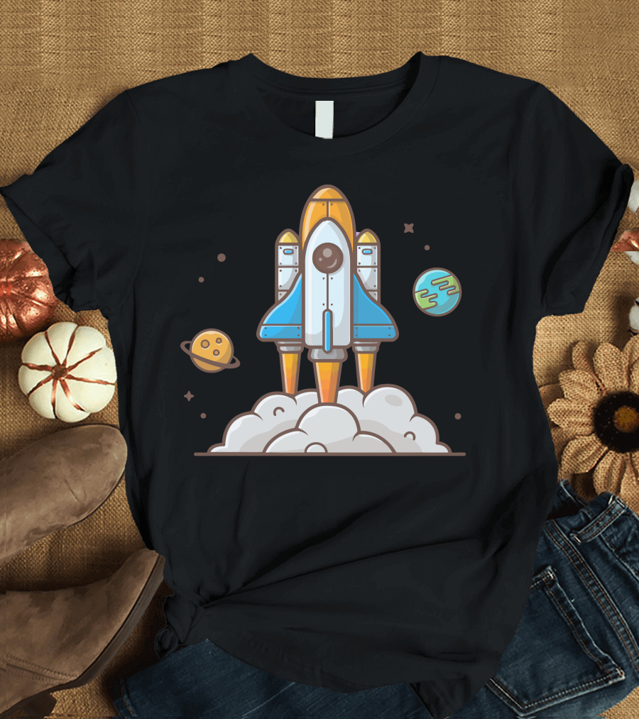 Space Shuttle Launch with Saturn and Earth Planets in Space Scene T-Shirt
