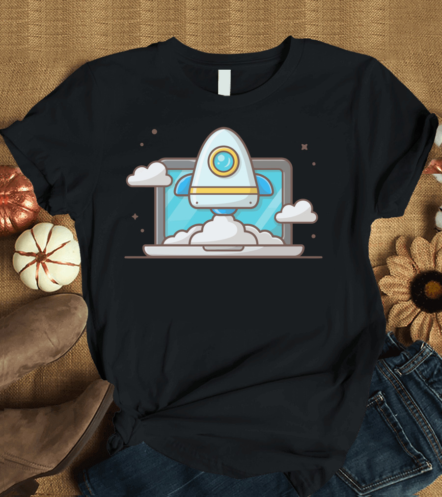 Start Up Rocket Launch with Laptop and Clouds Iconography T-Shirt