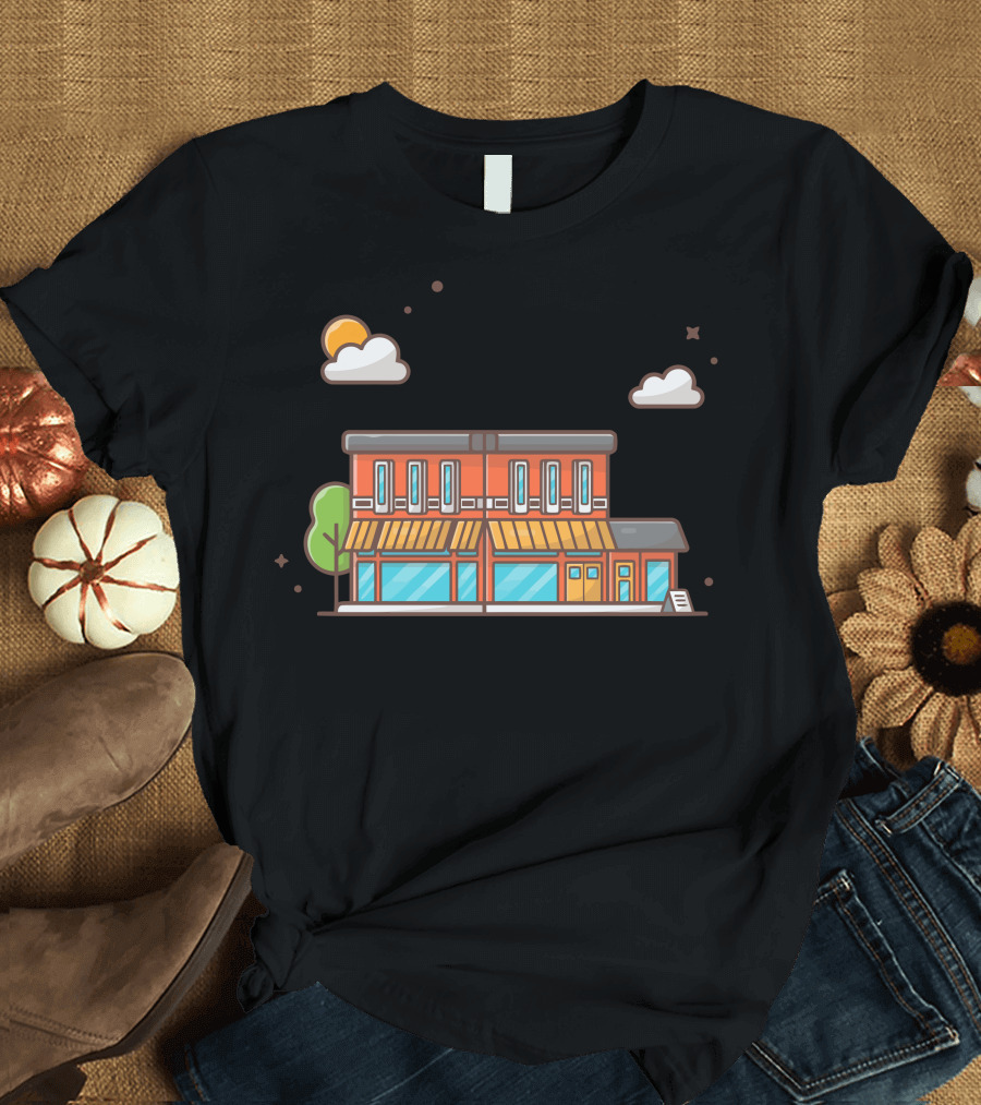 Street Cafe Building Sunshine and Clouds T-Shirt
