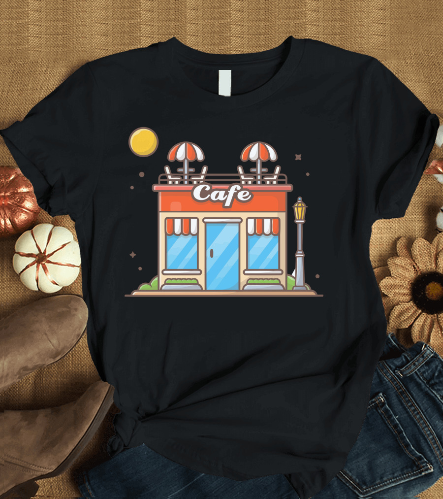 Cafe Street Coffee Shop Building Under Night Sky with Moon and Lamppost T-Shirt