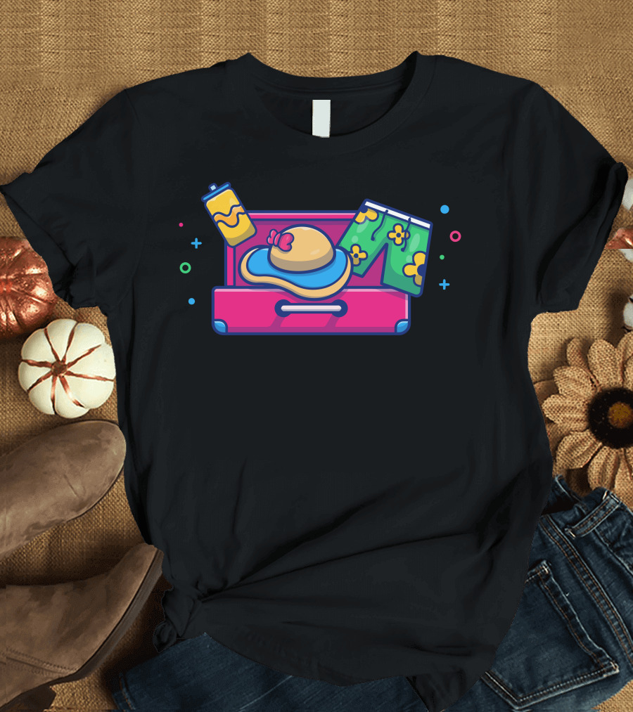 Suitcase with Swimsuit Beach Hat and Juice Box T-Shirt