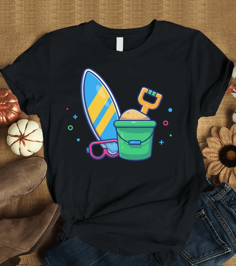 Surfing Board Sand Bucket and Goggles Adventure T-Shirt