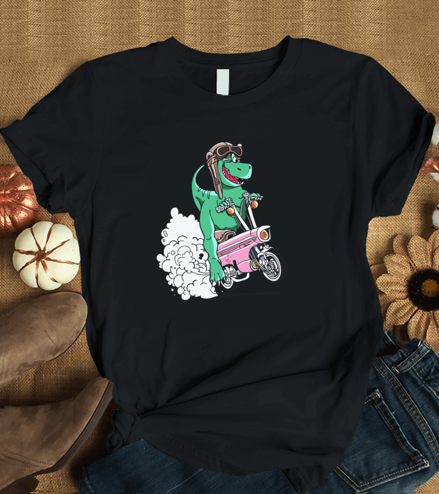 Dinosaur Riding a Retro Motorcycle with Aviator Goggles T-Shirt