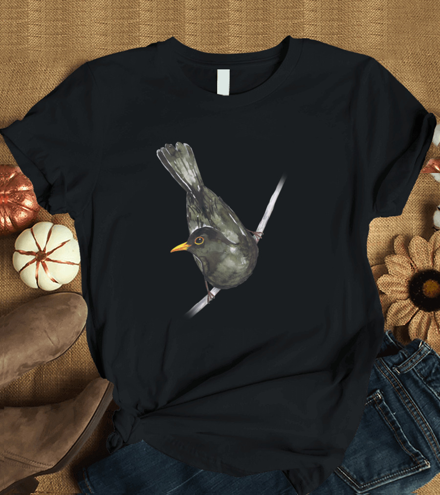 Blackbird Watercolor Bird on Branch T-Shirt