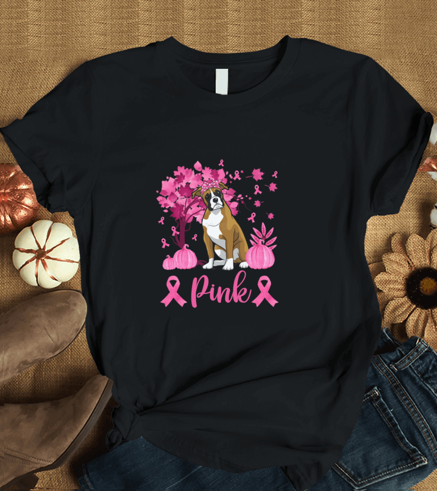 In October We Wear Pink Breast Cancer Awareness Pink Ribbons and Boxer Dog T-Shirt
