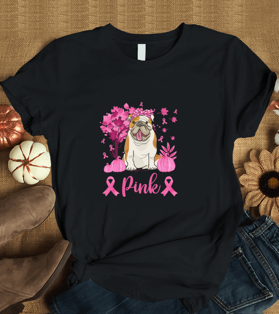 In October We Wear Pink Bulldog with Pink Ribbons and Pumpkins for Breast Cancer Awareness T-Shirt