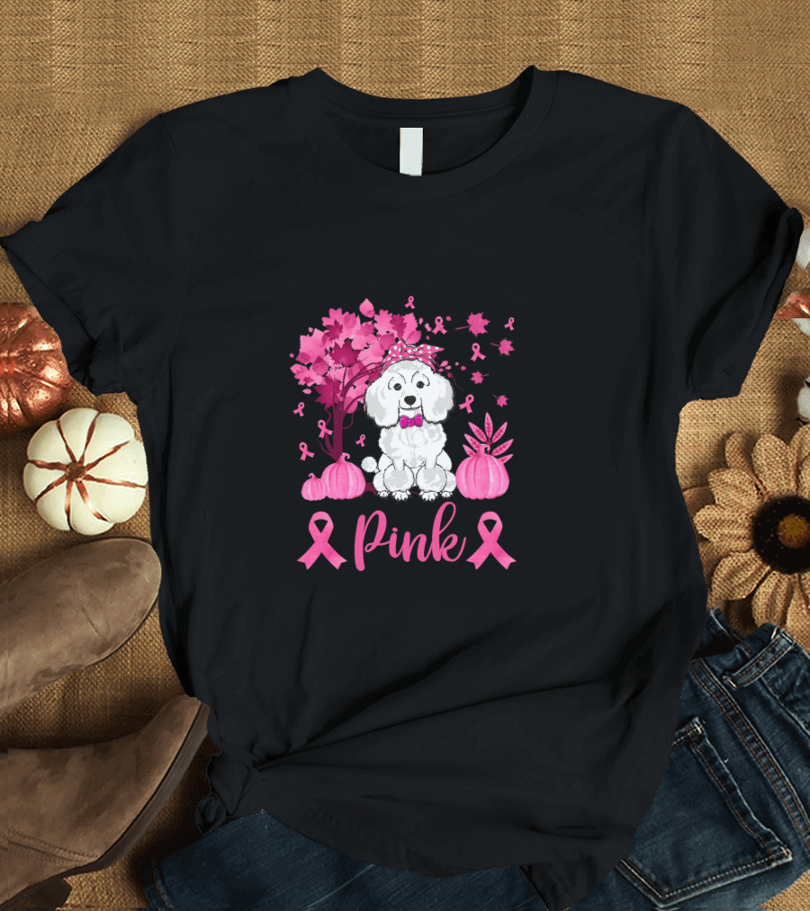 In October We Wear Pink Dog with Pink Ribbons Pumpkins and Trees T-Shirt