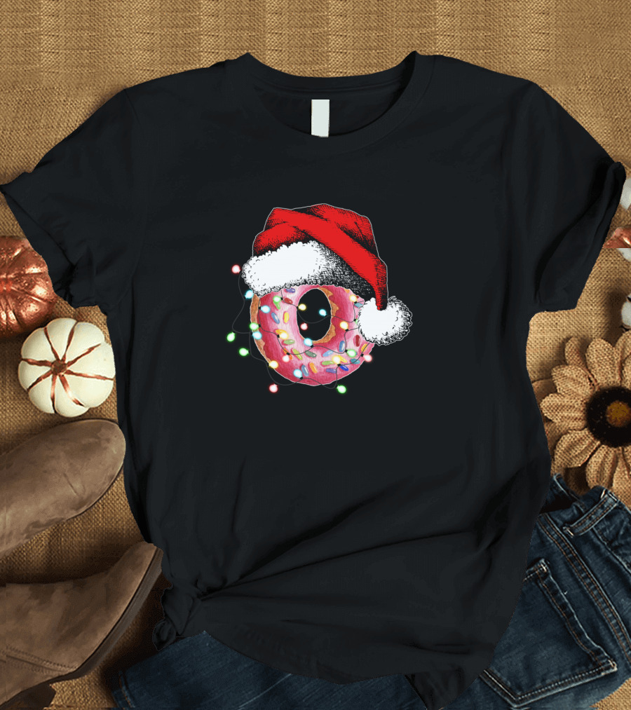 Santa Hat Christmas Donut with Festive Lights T-Shirt