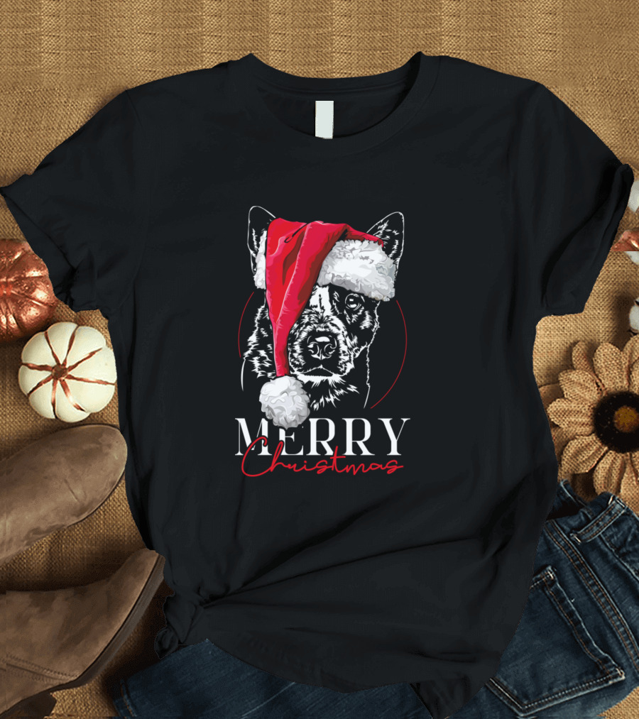 Funny Santa Hat Australian Cattle Dog Merry Christmas T-Shirt