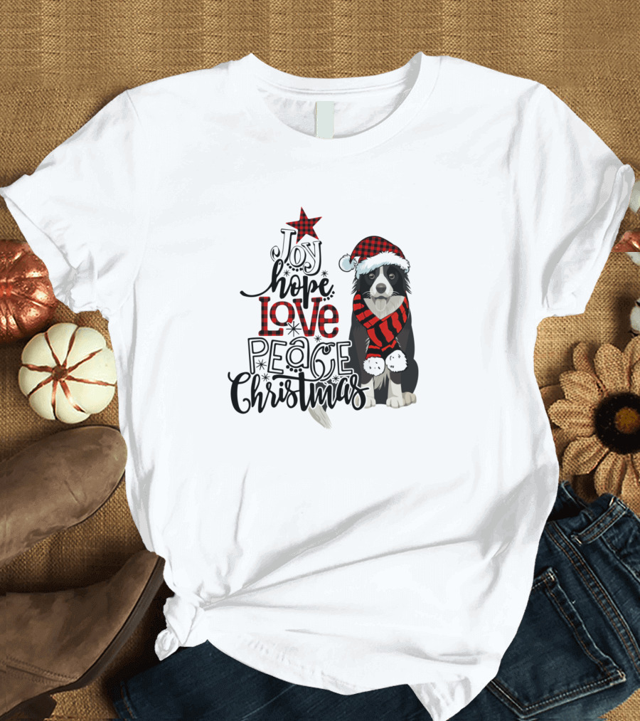Joy Hope Love Peace Christmas Blue Border Collie Santa Hat Scarf T-Shirt