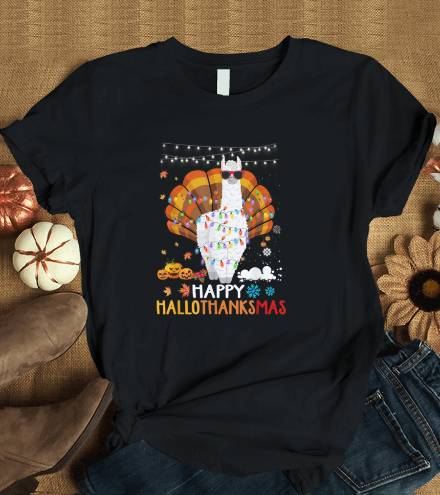 Llama Wearing Christmas Lights with Turkey Feathers Celebrating Happy Hallothanksmas with Pumpkins and Snowflakes T-Shirt