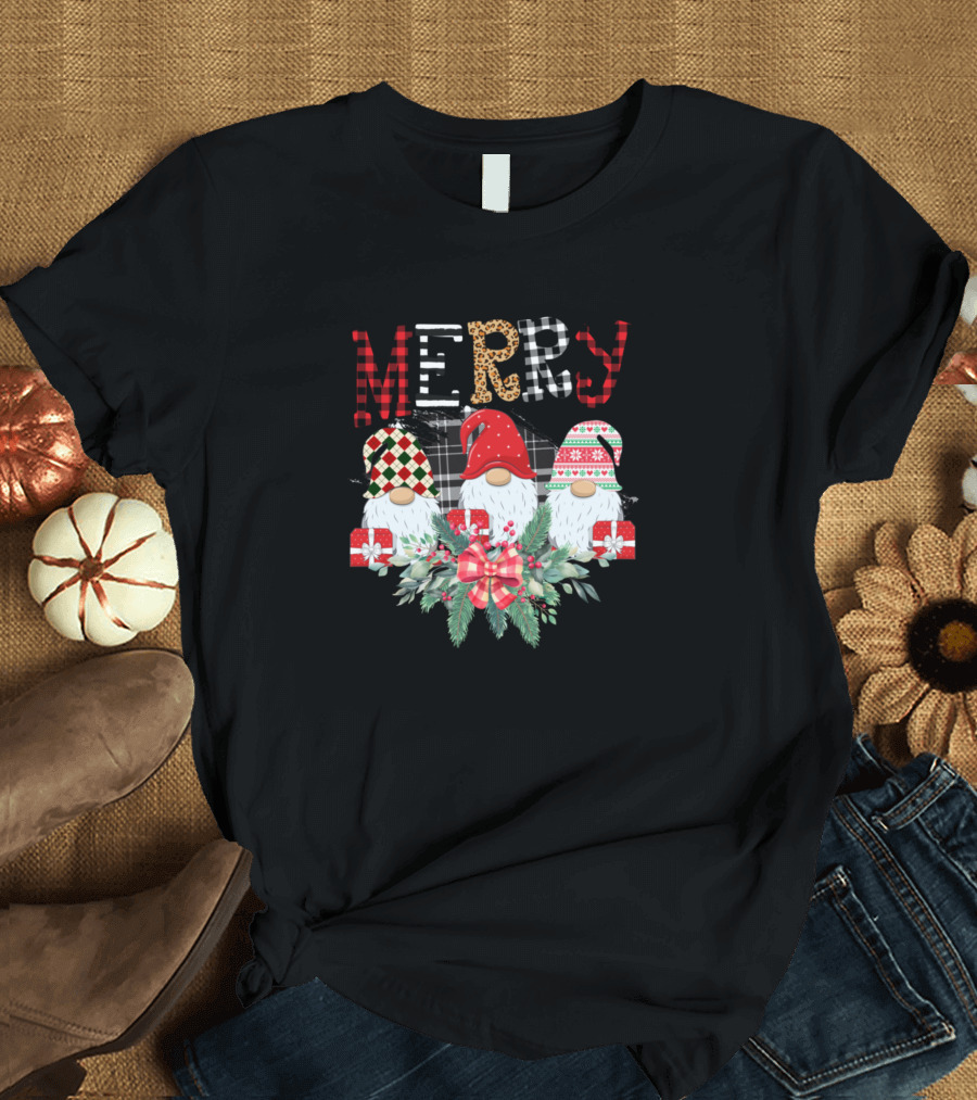 Merry Everything Christmas Gnomes with Gift Boxes and Festive Hats T-Shirt