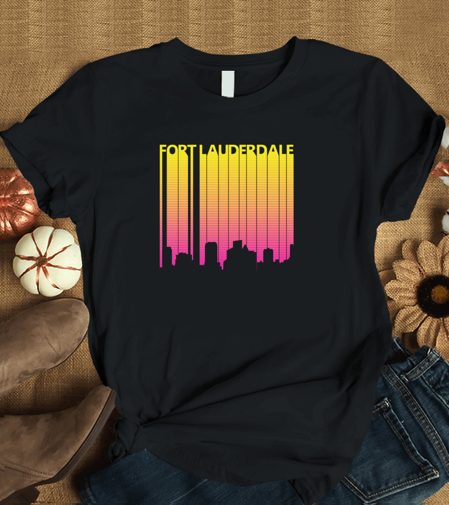 Fort Lauderdale Retro 1980s Skyline Sunset Stripes T-Shirt