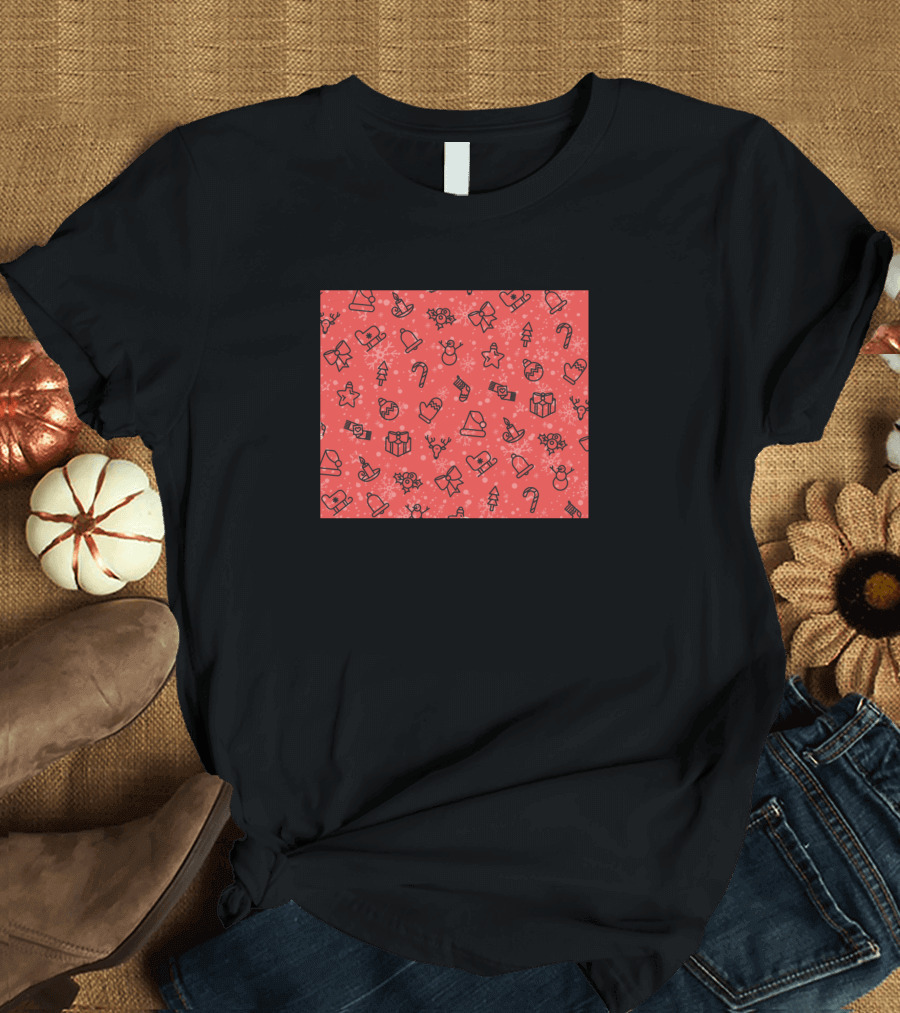 Seamless Christmas Pattern with Tree Star Present Bell Reindeer Snowman Candy Cane T-Shirt