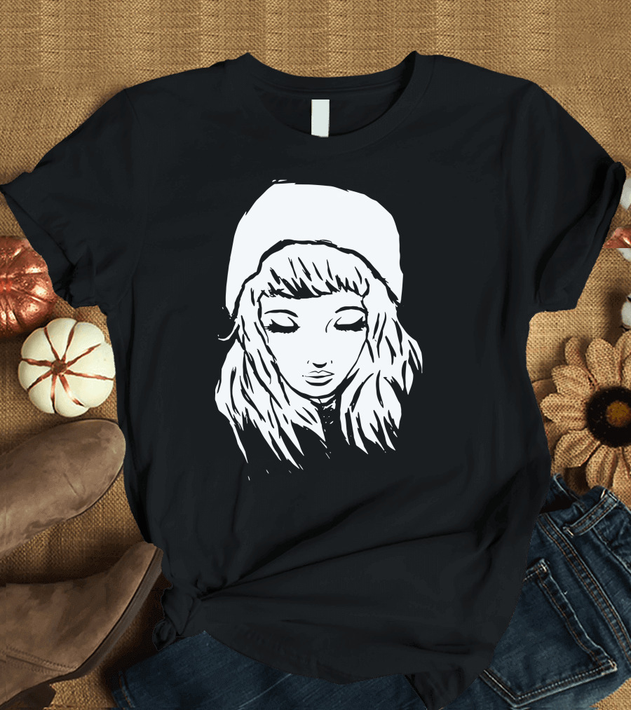 Beanie Hat Girl Eyes Closed Monochrome Drawing T-Shirt