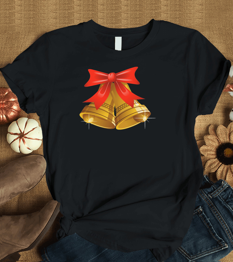 Golden Bells with Red Ribbon Christmas T-Shirt
