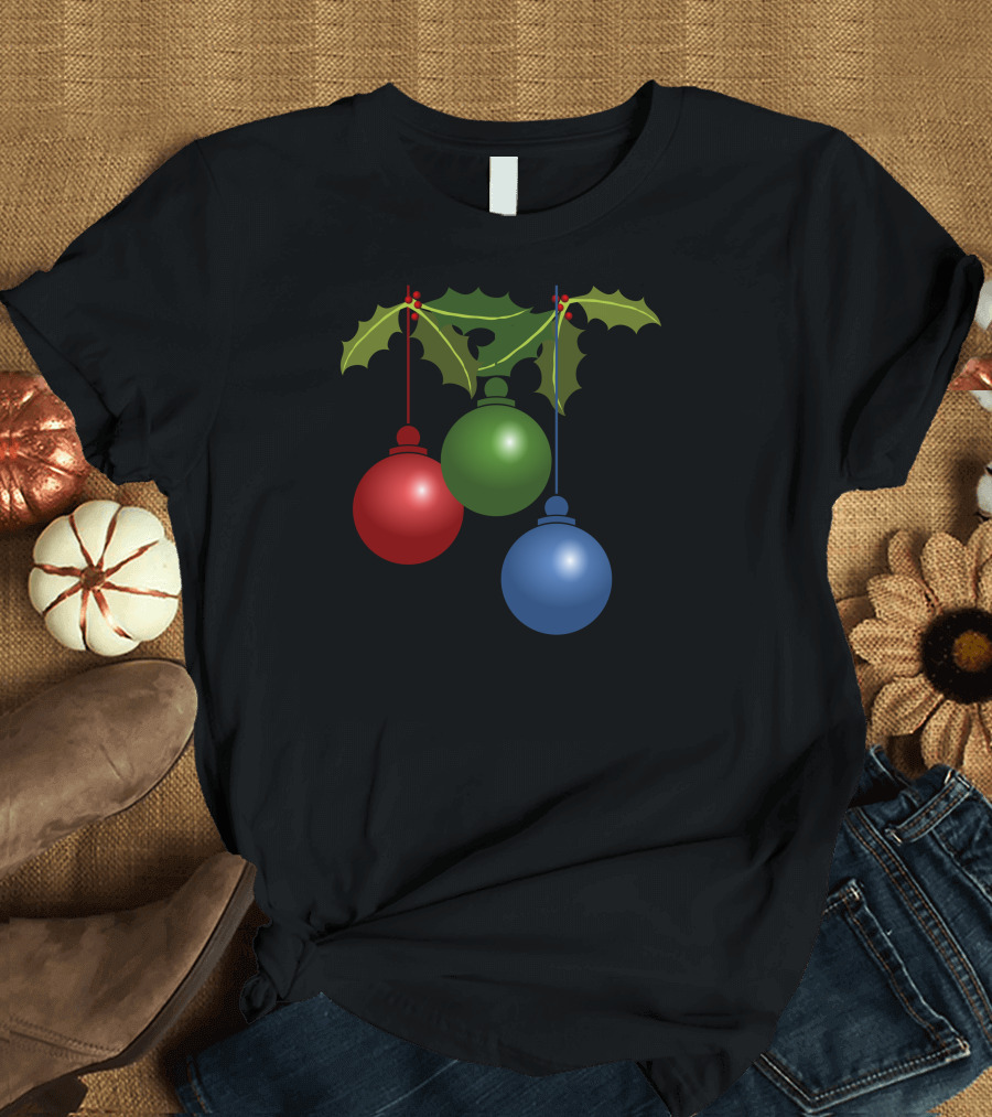 Christmas Ornament Red Green Blue Holly Leaf Trio T-Shirt