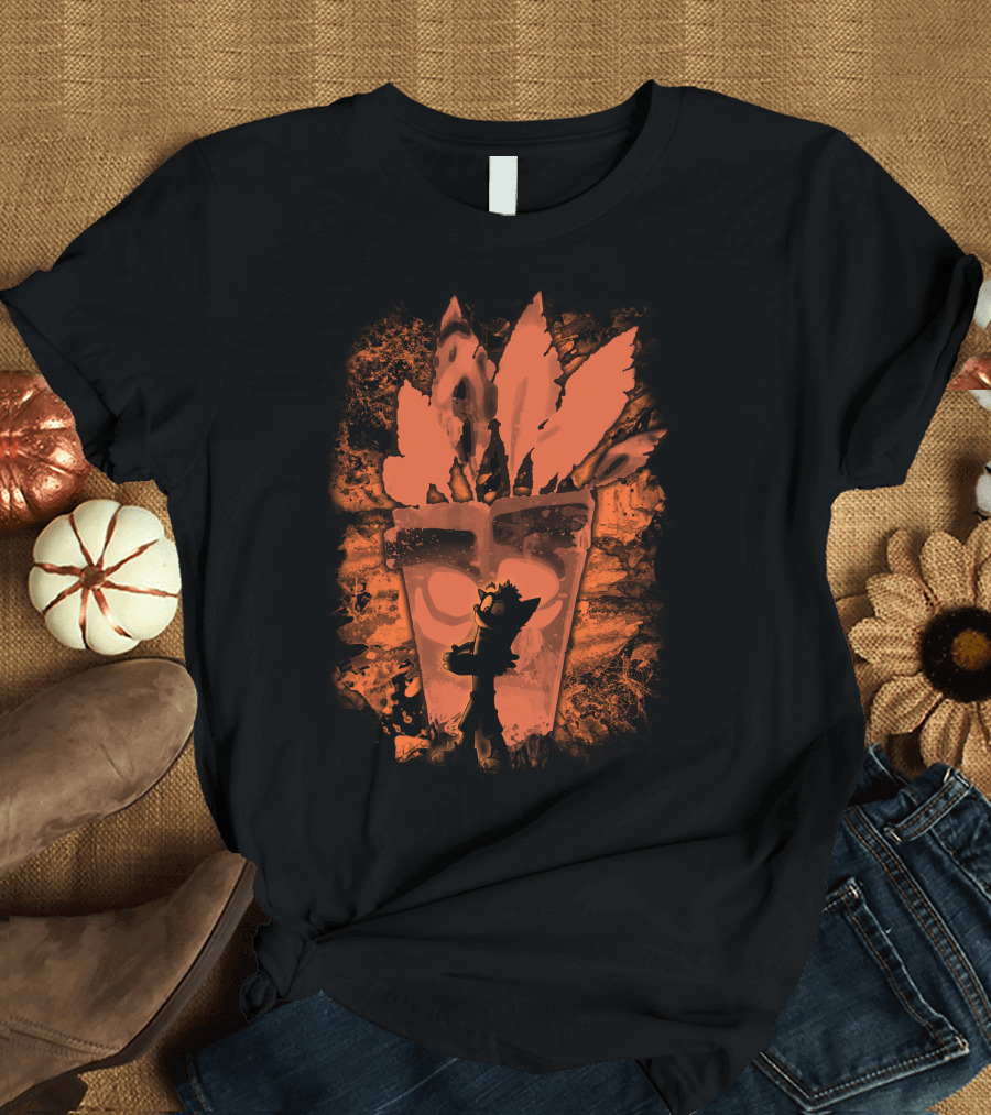 Bandicoot Crash Silhouette with Aku Aku Mask Neon T-Shirt
