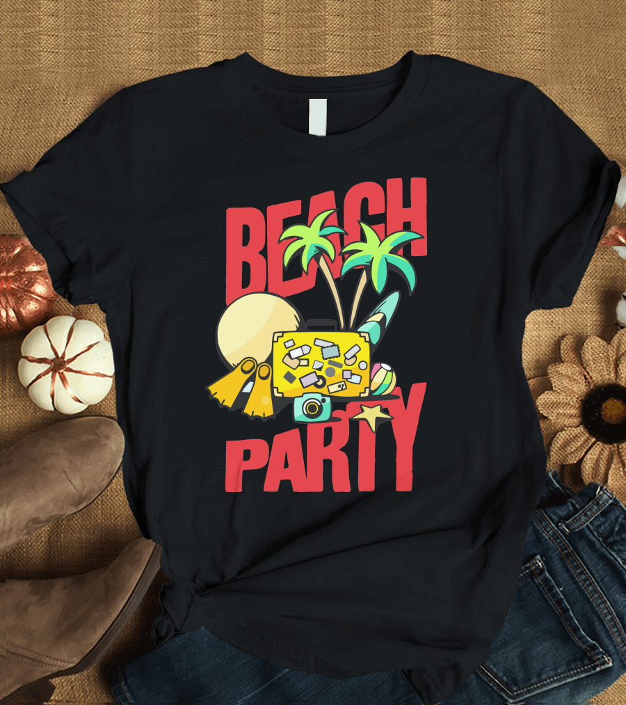 BEACH PARTY Palm Trees Sun Flippers Camera Surfboard Starfish T-Shirt
